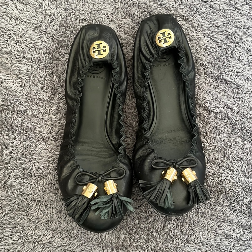 Tory Burch Elastic Tassel Ballet Flats Black Leather Size 7.5